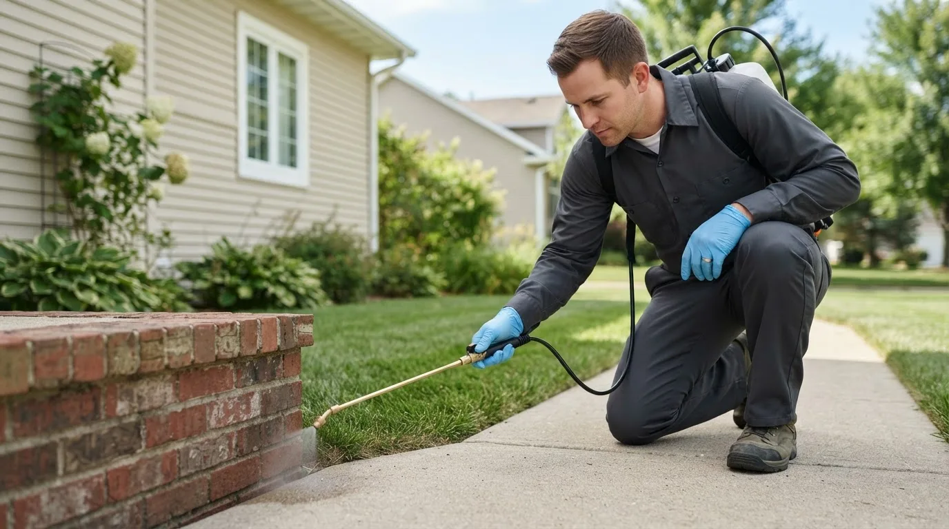 Pest control technician treating a home near Springvale, ME