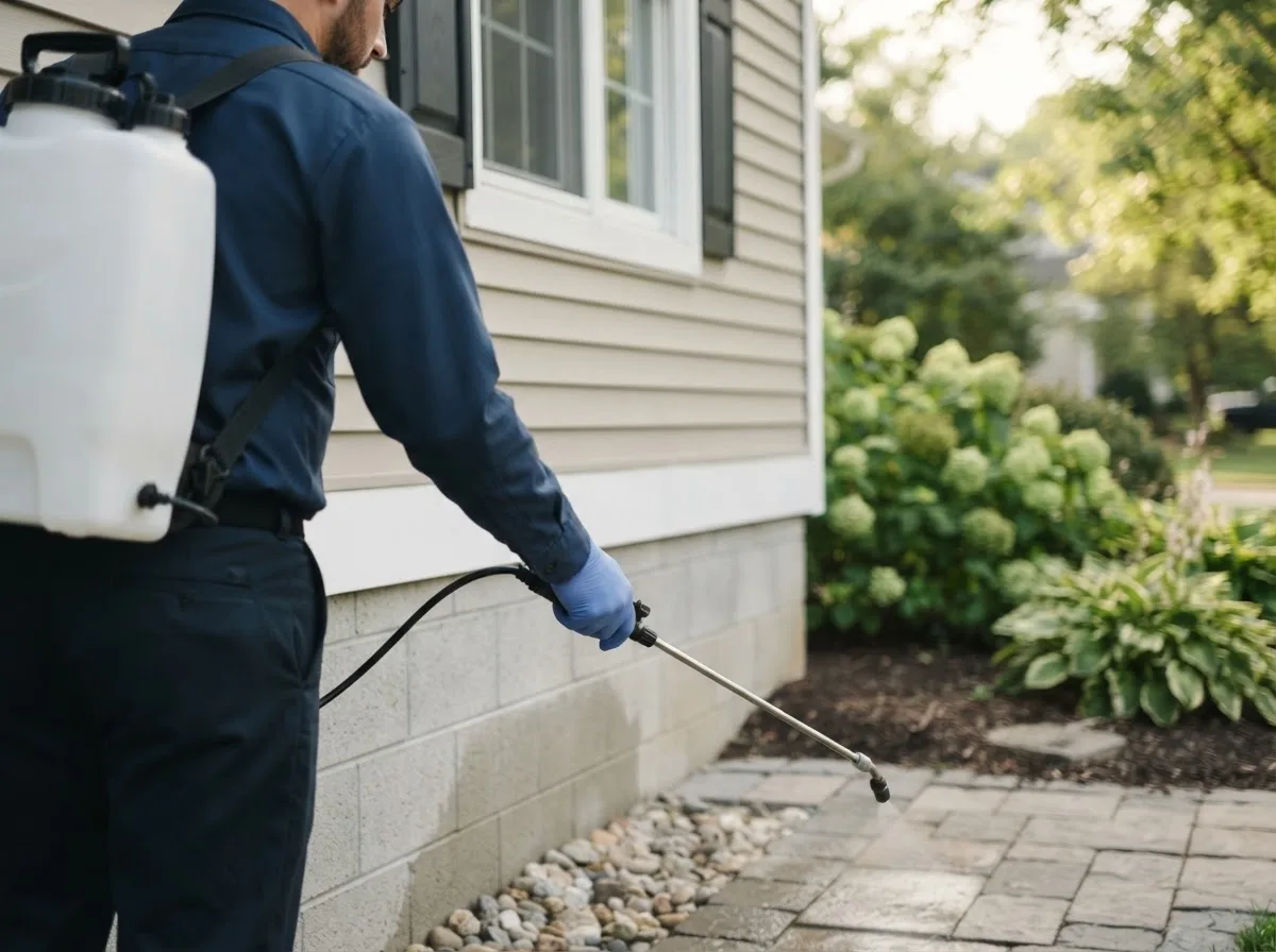 Pest control technician inspecting a home in Springvale, ME